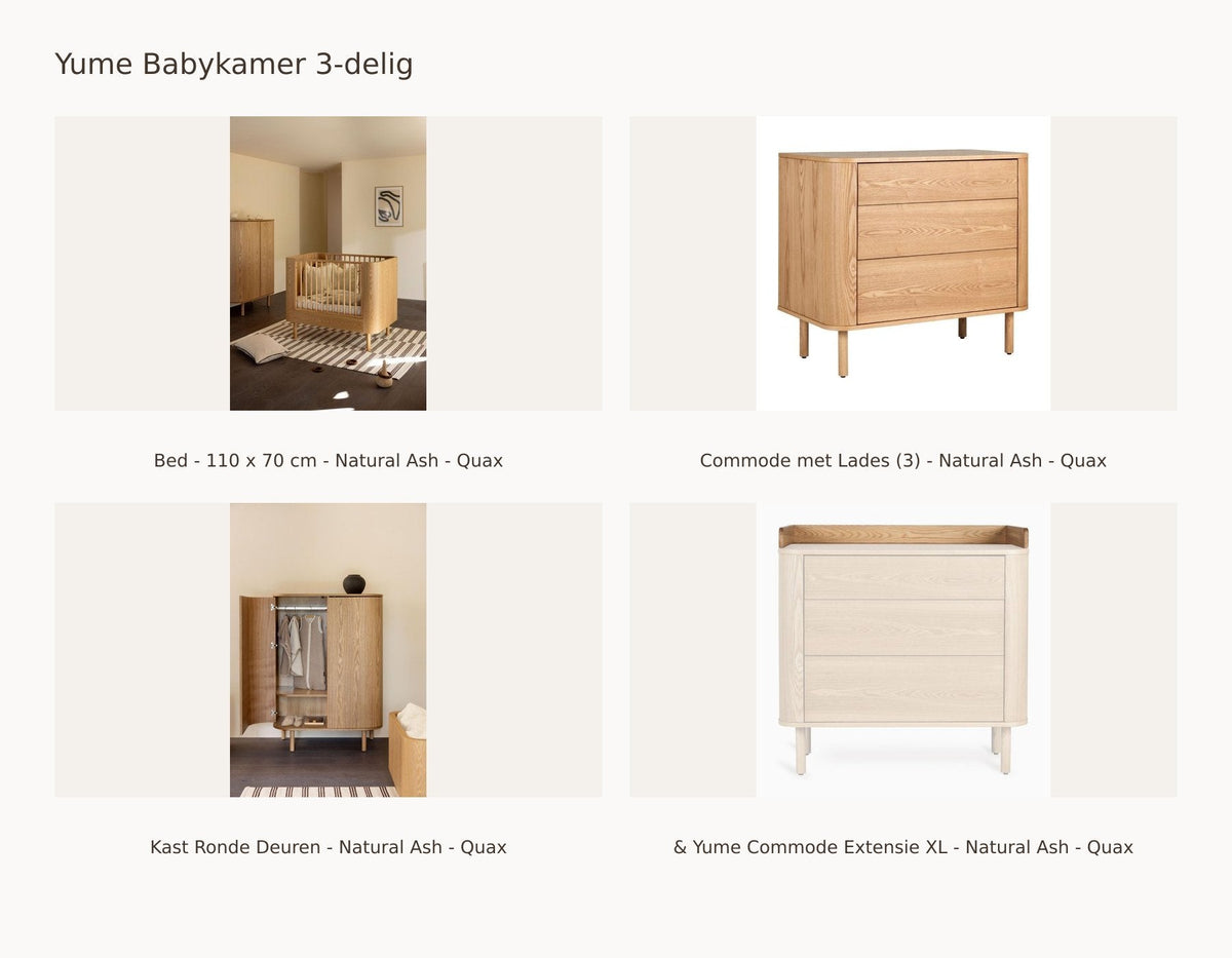 Quax Yume Babyzimmer 3-teilig – Natural Ash – 110 × 70 – Wickelkommode mit Schubladen – Kleiderschrank runde Türen – mit XL-Erweiterung: Set mit Bett - 110 x 70 cm - Natural Ash - Quax, Wickelkommode mit Schubladen (3) - Natural Ash - Quax, Schrank runde Türen - Natural Ash - Quax, & Yume Kommoden-Erweiterung XL - Natural Ash - Quax.