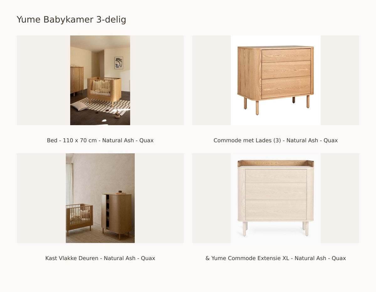 Quax Yume Babyzimmer 3-teilig – Natural Ash – 110 × 70 – Kommode mit Schubladen – Kleiderschrank mit glatten Türen – mit XL-Verlängerung: Set mit Bett - 110 x 70 cm - Natural Ash - Quax, Kommode mit Schubladen (3) - Natural Ash - Quax, Schrank mit glatten Türen - Natural Ash - Quax, & Yume Kommodenverlängerung XL - Natural Ash - Quax.