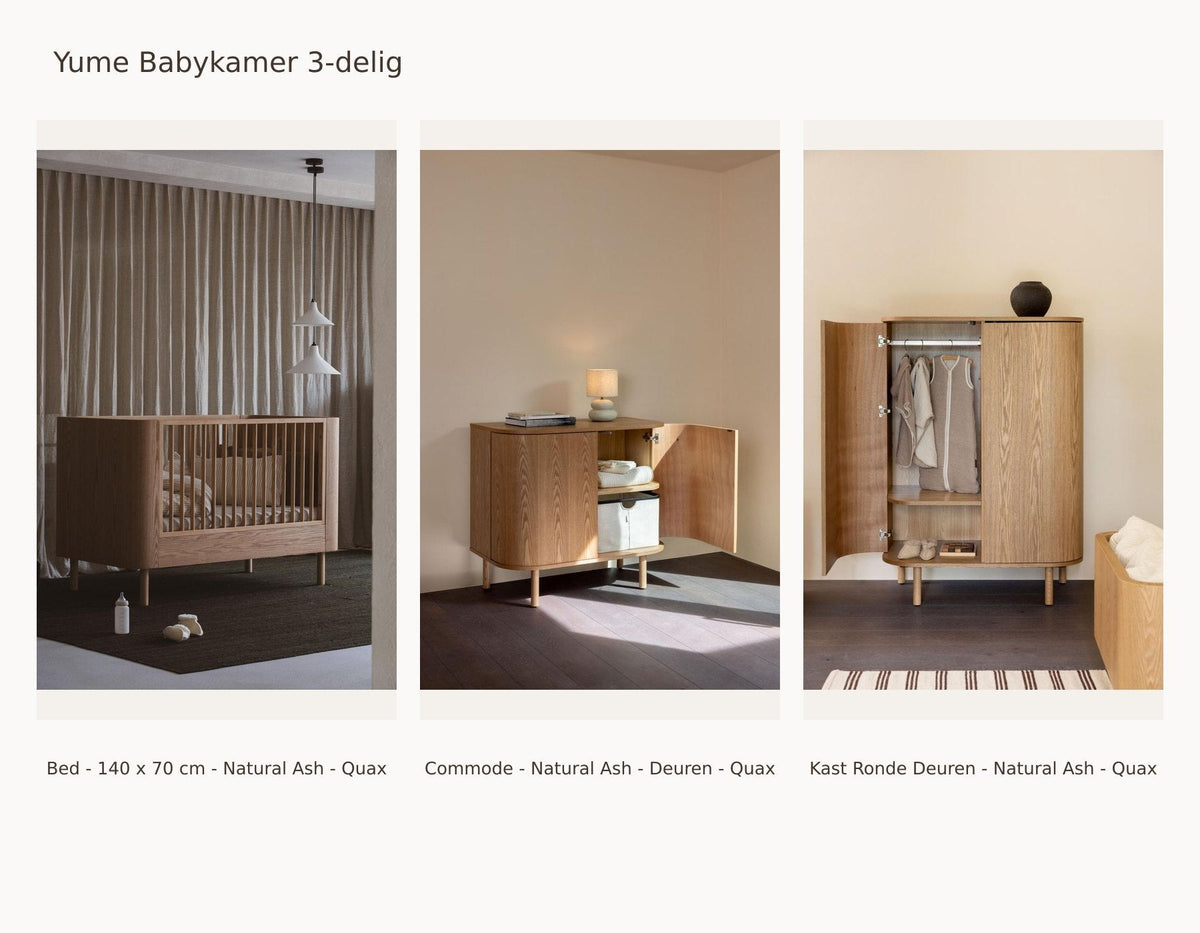 Quax Yume Babyzimmer 3-teilig – Natural Ash – 140 × 70 – Kommode Türen – Kleiderschrank runde Türen – mit Rausfallschutz: Set mit Bett - 140 x 70 cm - Natural Ash - Quax, Kommode - Natural Ash - Türen - Quax, Schrank runde Türen - Natural Ash - Quax.