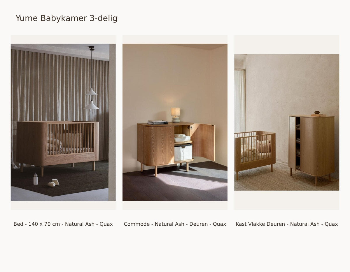 Quax Yume Babykamer 3-delig – Natural Ash – 140 × 70 – Commode deuren – Kledingkast vlakke deuren – met juniorkit: set met Bed - 140 x 70 cm - Natural Ash - Quax, Commode - Natural Ash - Deuren - Quax, Kast Vlakke Deuren - Natural Ash - Quax.