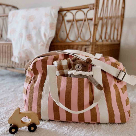 Diaper Bag/Weekend Bag Raphael - Stripes Strawberry/Caramel - Water-repellent cotton - Rose in April