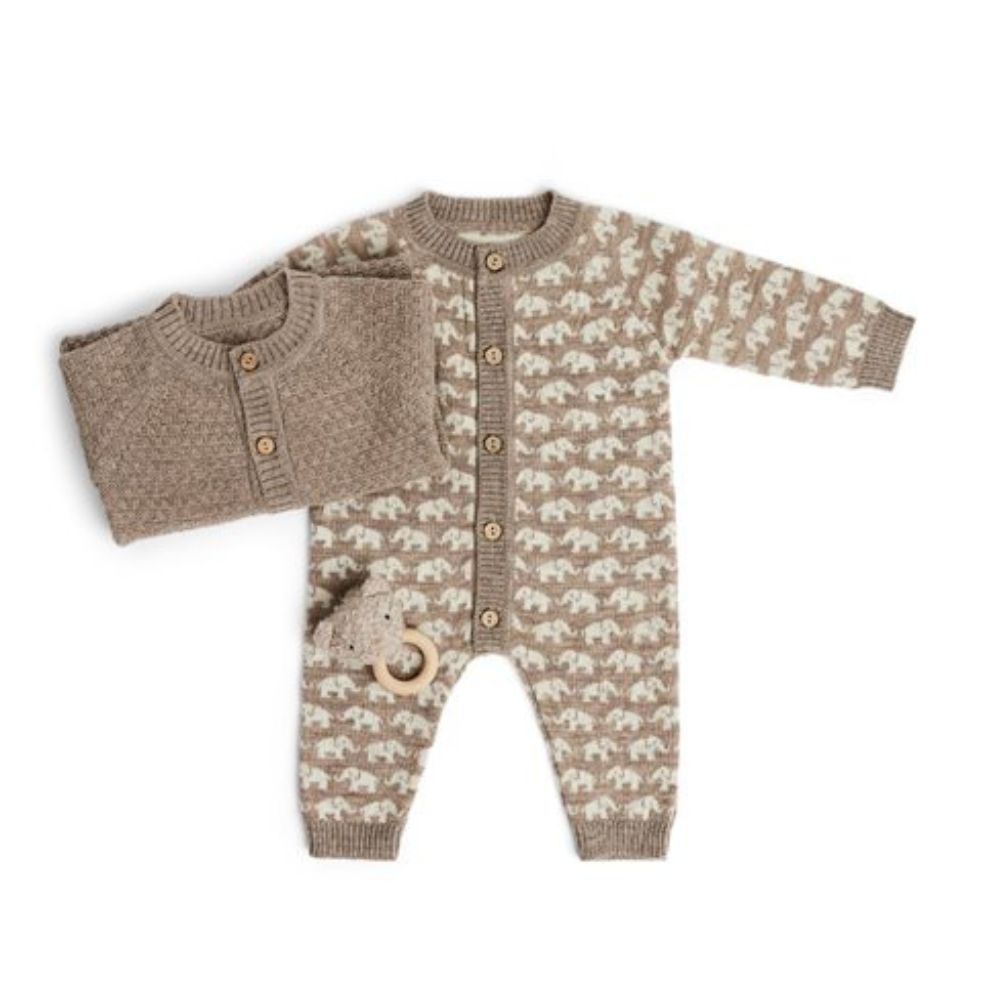 Gebreid boxpakje AO Elephants, - Merino wol - Bruin - Smallstuff set