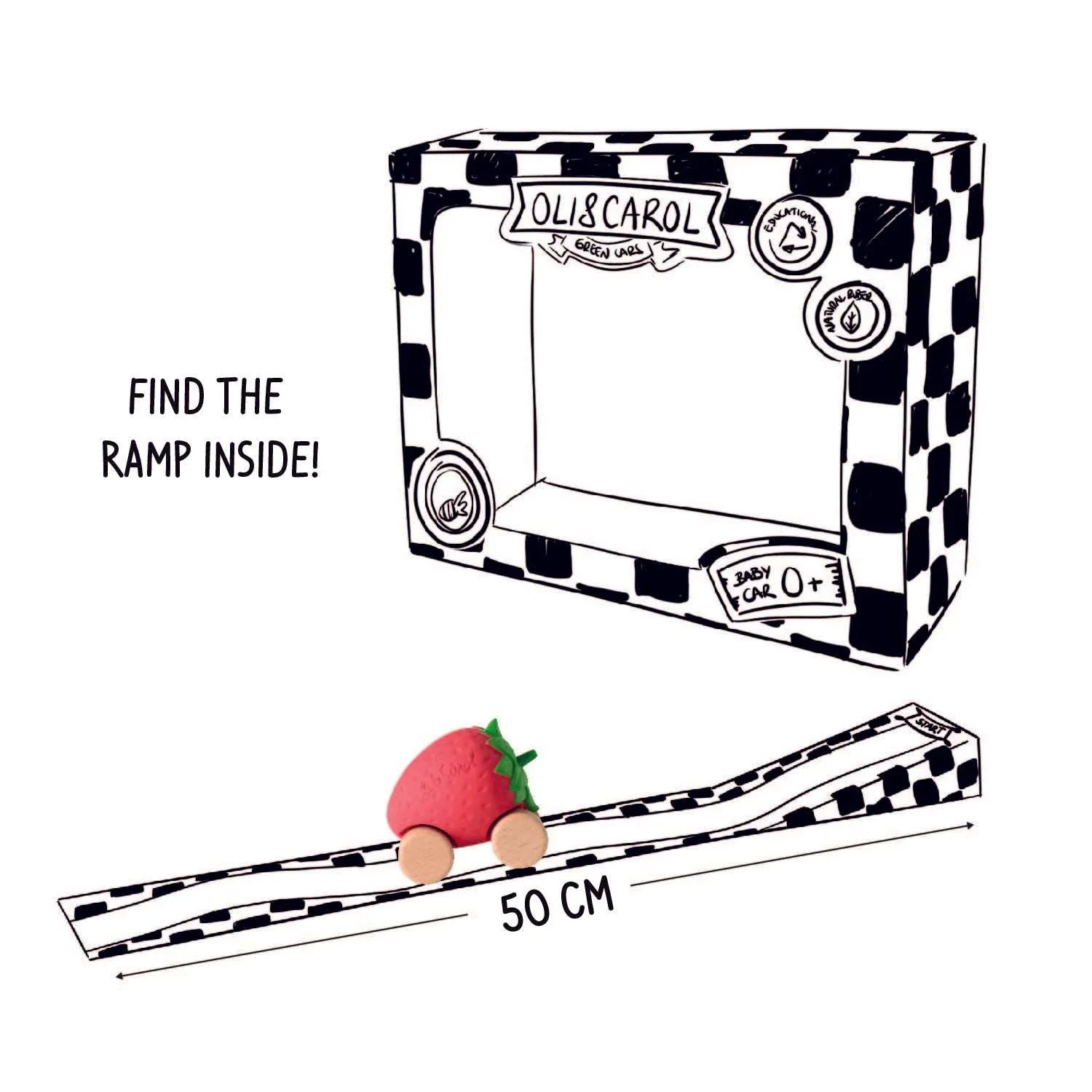 Speelgoedauto Sweetie the Strawberry met garage & racebaan - 0+ jaar - Natuurrubber & FSC-hout - Oli & Carol - productfoto - afbeelding 5