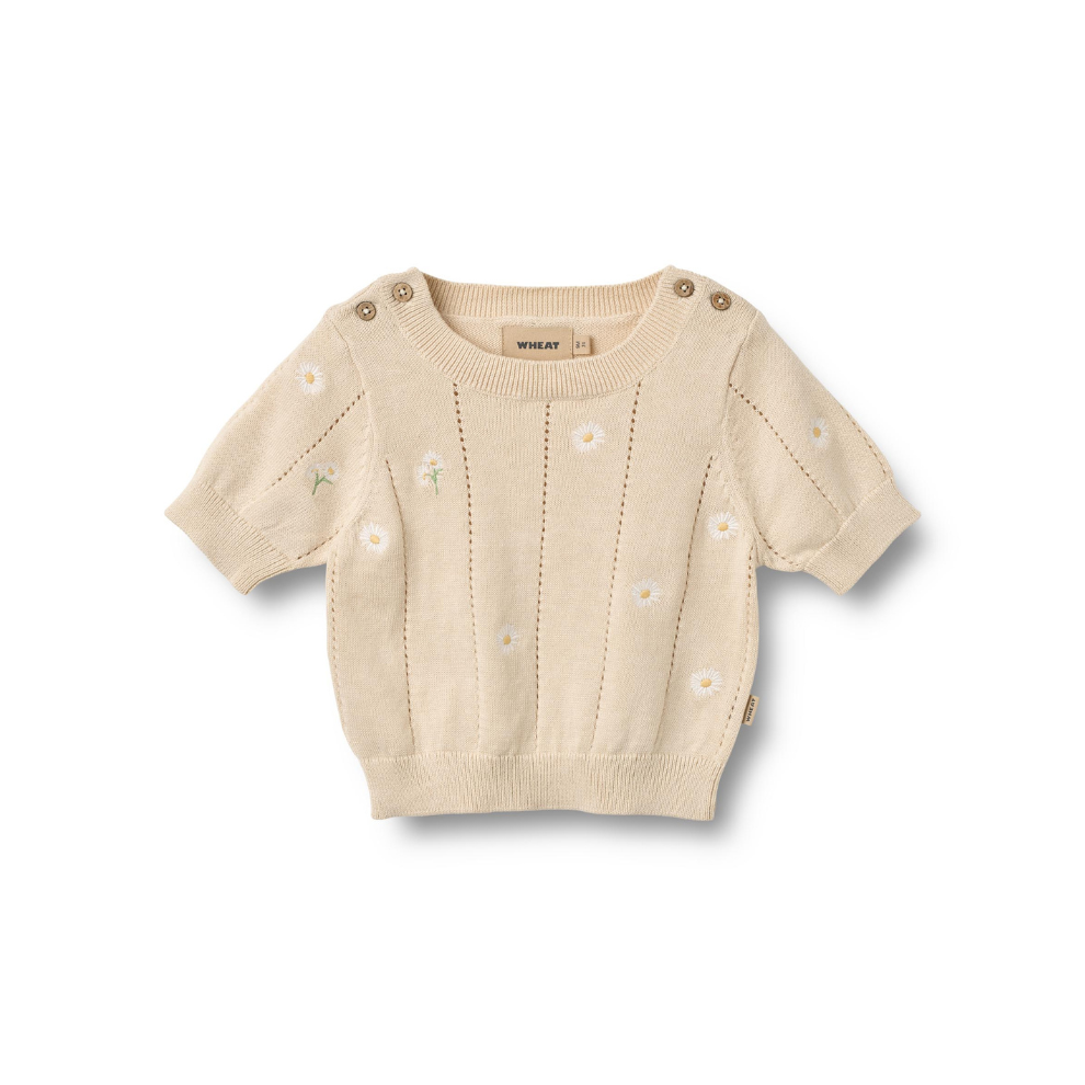 Gebreide top korte mouw - Knit Top S/S Malvina - Biologisch katoen - Sandshell/Creme - Wheat voor
