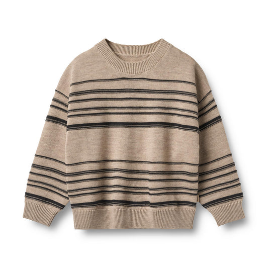 Gebreide trui Flores - Merino wol - Sand black stripe - Wheat voorkant