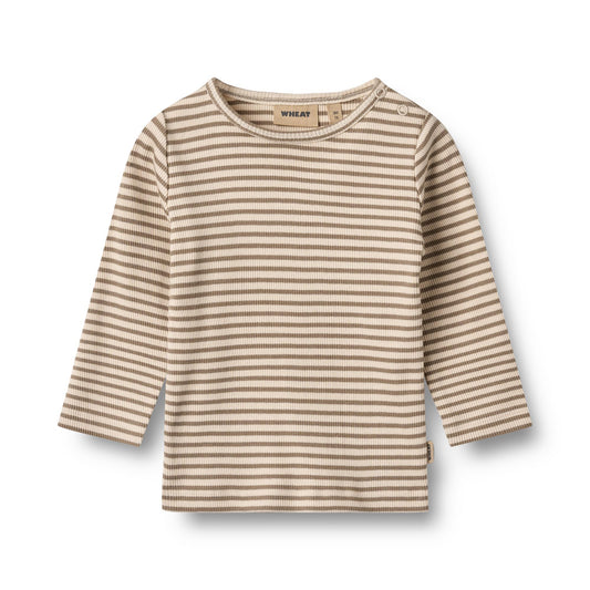 T shirt lange mouwen Stig - Biologisch katoen - Stone stripe - Wheat voorkant
