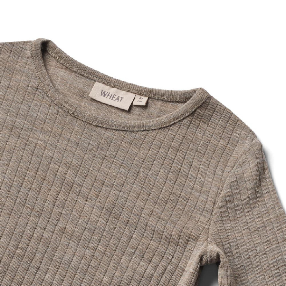 Top lange mouwen - Merino wol/zijde - Khaki Melange - Wheat close