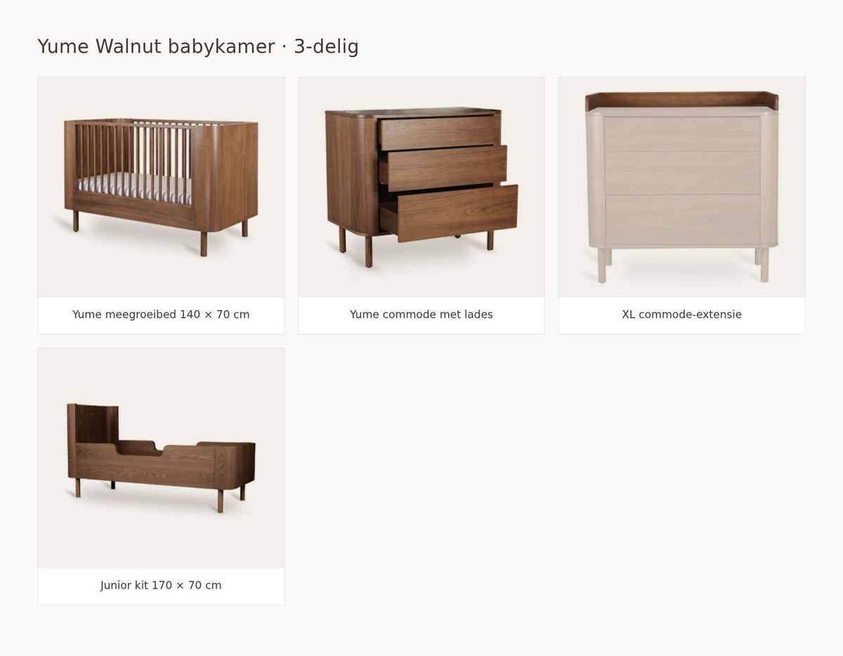 Quax Yume Walnut babykamer: samenstelling van 2 delig walnut 140 70 commode met lades extensie xl juniorkit