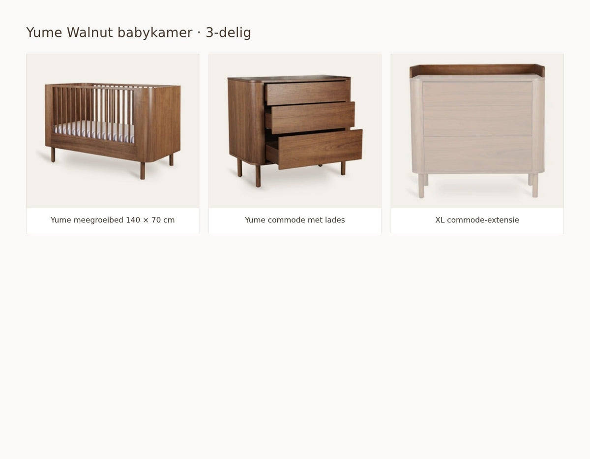 Quax Yume Walnut babykamer: samenstelling van 2 delig walnut 140 70 commode met lades extensie xl