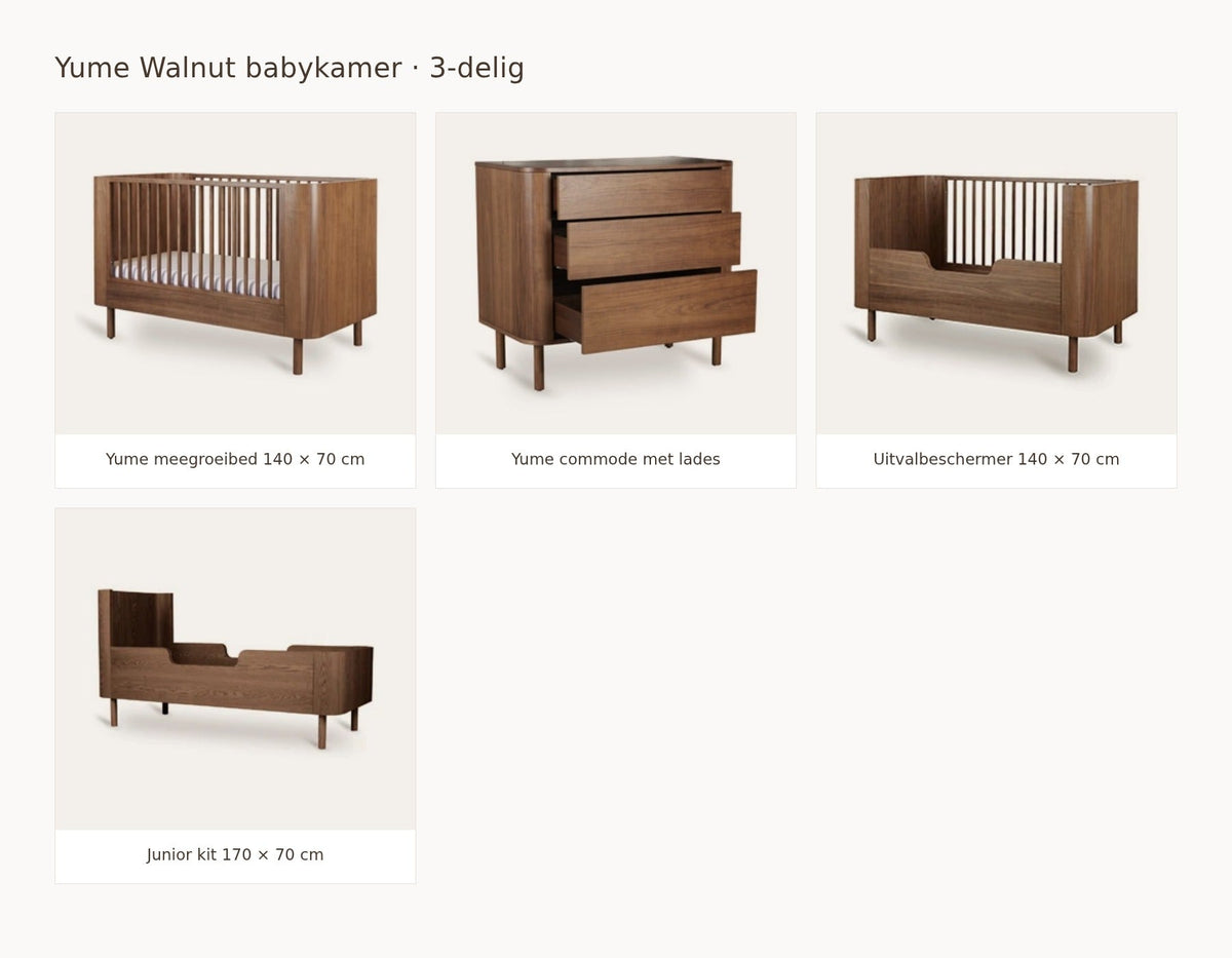 Quax Yume Walnut babykamer: samenstelling van 2 delig walnut 140 70 commode met lades uitvalbeschermer juniorkit