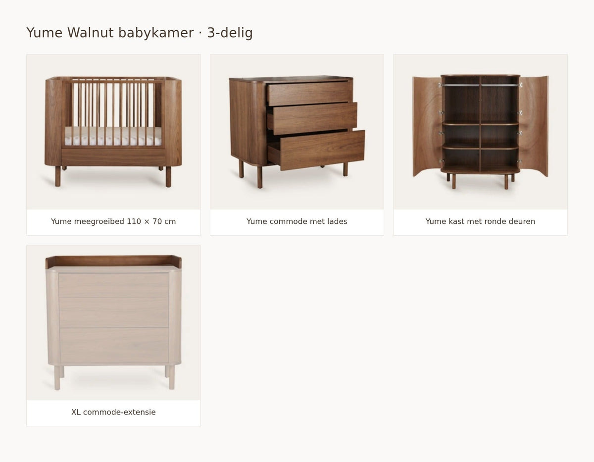 Quax Yume Walnut babykamer: samenstelling van 3 delig walnut 110 70 commode met lades kast ronde deuren extensie xl