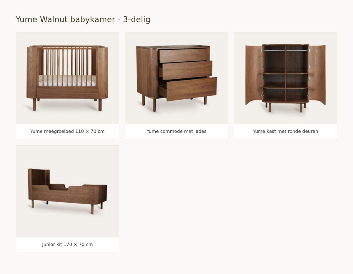 Quax Yume Walnut babykamer: samenstelling van 3 delig walnut 110 70 commode met lades kast ronde deuren juniorkit