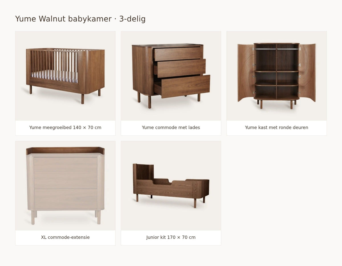 Quax Yume Walnut babykamer: samenstelling van 3 delig walnut 140 70 commode met lades kast ronde deuren extensie xl juniorkit