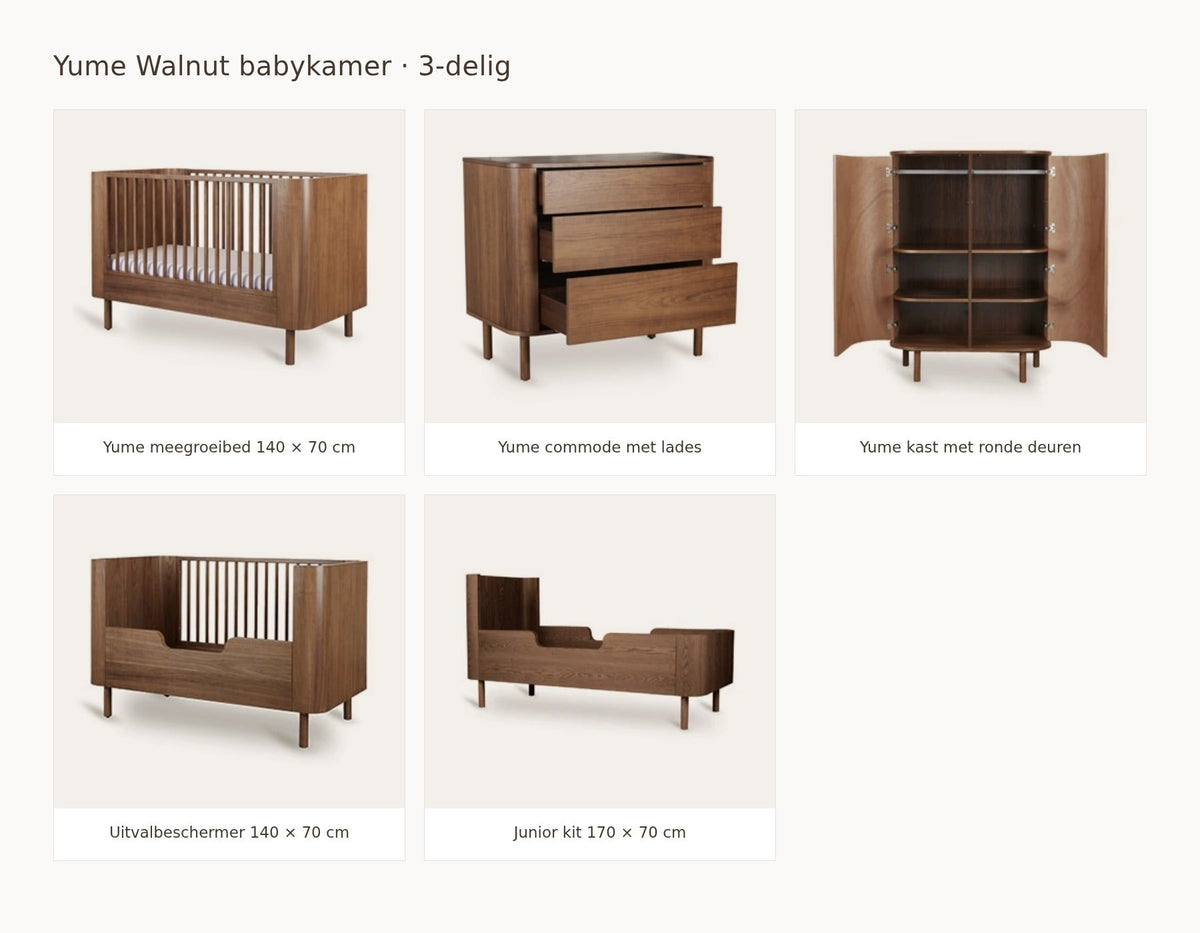 Quax Yume Walnut babykamer: samenstelling van 3 delig walnut 140 70 commode met lades kast ronde deuren uitvalbeschermer juniorkit